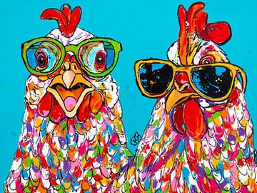 Poulets joyeux avec lunettes de soleil sur Happy Paintings