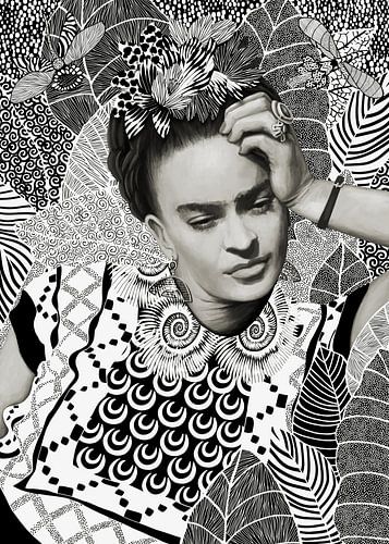 Tekening van een Mexicaanse vrouw met bloemen in haar haar