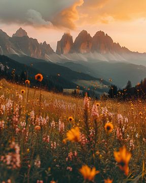 Blumenwiese, majestätische Dolomiten von fernlichtsicht