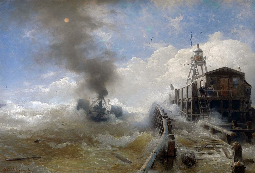 Andreas Achenbach,A tugboat leaving the port of Ostend by finemasterpiece