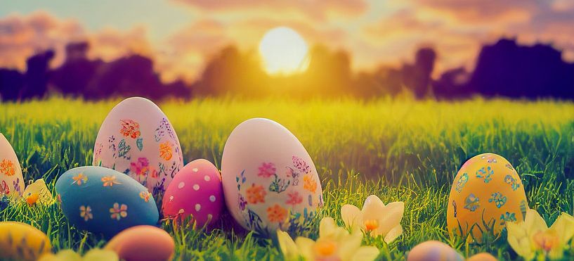 Ostereier im Gras Panorama,  Art Illustration 02 von Animaflora PicsStock