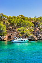 Beautiful view of luxury yacht in idyllic bay coast on Mallorca island, Spain Mediterranean Sea by Alex Winter