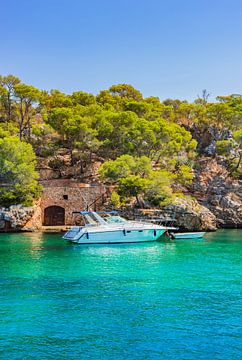 Beautiful view of luxury yacht in idyllic bay coast on Mallorca island, Spain Mediterranean Sea by Alex Winter