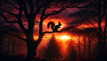 Silhouetten bij zonsondergang: eekhoorns tegen het licht van artefacti