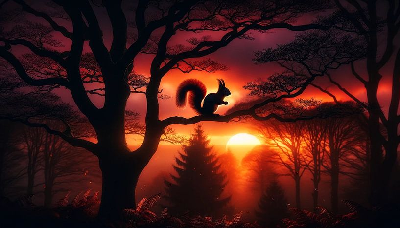Silhouettes au coucher du soleil : écureuil en contre-jour par artefacti