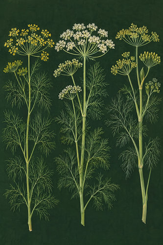 Aneth et fenouil sur fond vert forêt – Gouache botanique