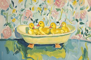 Ducklings in a pastel-coloured bathtub by NJ Midnight Studio