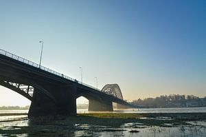 Die Waalbrücke Nimwegen bei nebligem Sonnenaufgang