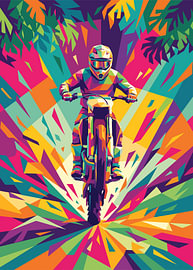 Farbenfroher Motocross-Fahrer mit geometrischen Mustern, lebhafter abstrakter Hintergrund mit Explosionsmotiv, Pop-Art von Adam Khabibi