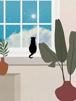 Minimal Art van een kat voor het raam van een kamer met groene planten