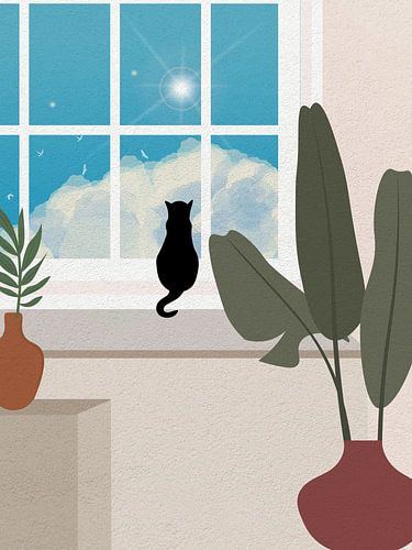 Minimal Art einer Katze vor dem Fenster eines Zimmers mit Grünpflanzen