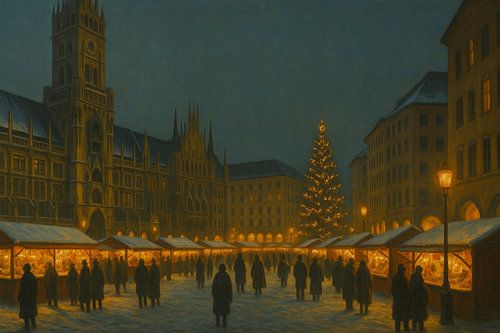Kerstmarkt München Marienplatz bij zonsondergang