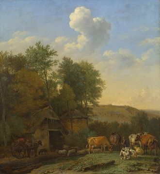 Een landschap met koeien, schapen en paarden bij een schuur, Paulus Potter