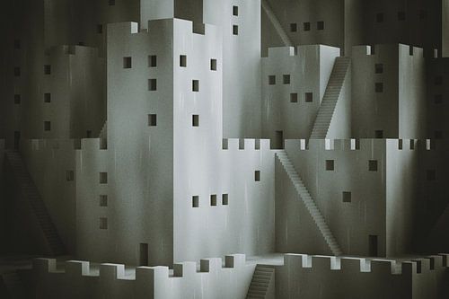 Abstrakte Fantasy-Stadt mit digitalem Filmkorn