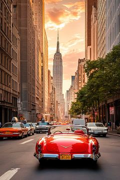 Red convertible in front of skyscrapers by Poster Art Shop