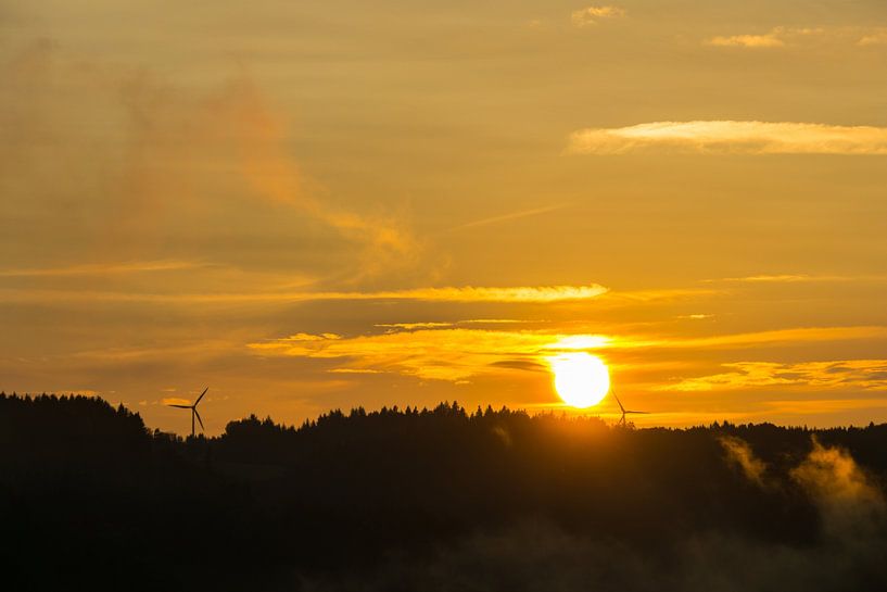Black Forest Germany, Warm orange sunset behind horizon of trees by adventure-photos