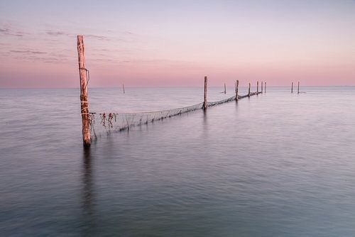 Fishing nets in the Markermeer during sunset
