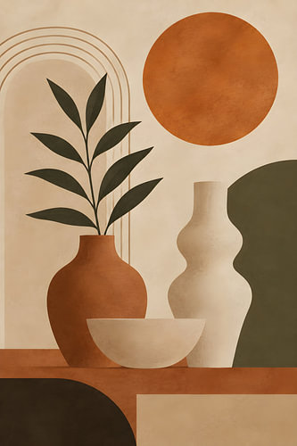 Stilleven in aardetinten met abstracte vormen en botanische elementen