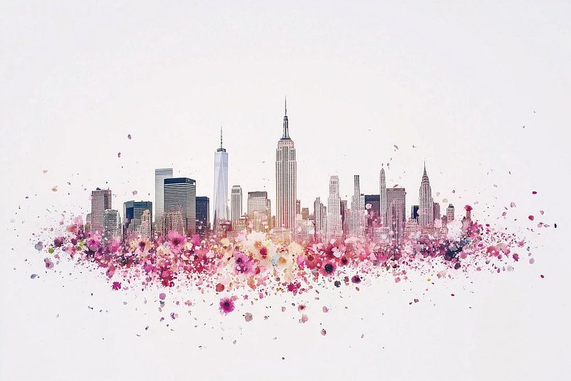 Minimalist artwork: New York skyline with pastel paint explosion by Thea
