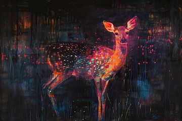 Neon Hert Kunst | Starlit Echoes Deer van Kunst Kriebels