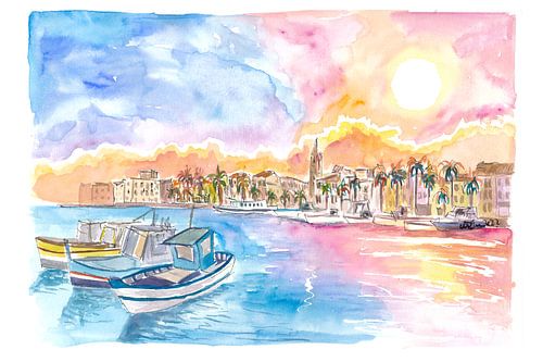 Coucher de soleil romantique dans un port de Provence côtière dans le sud de la France