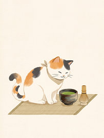 Serene Calico Cat Enjoying a Traditional Japanese Matcha Tea Ritual by my pixel art