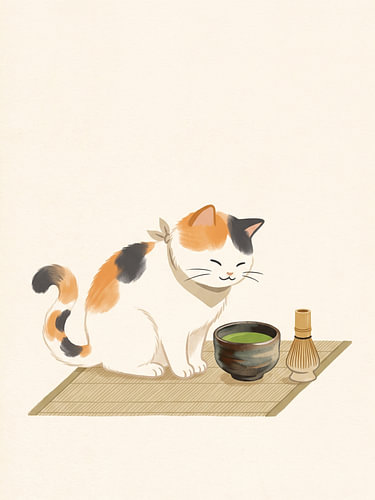 Serene Calico Cat Enjoying a Traditional Japanese Matcha Tea Ritual