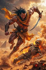 PYROTHARIS – Le guerrier possédé combattant les morts-vivants devant les pyramides sur INFERAURUM