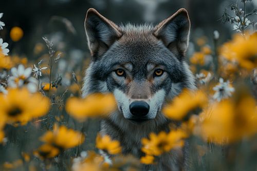 Het gezicht van een wolf tussen de gele en witte bloemen