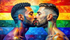 Deux hommes, un moment, un manifeste : un baiser intime devant le drapeau de la Pride comme ode au courage, à l'amour et à la visibilité sur AidasignArt