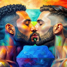 Zwei Männer, ein Augenblick, ein Manifest: Ein intimer Kuss vor der Pride-Flagge als Ode an Mut, Liebe und Sichtbarkeit von AidasignArt
