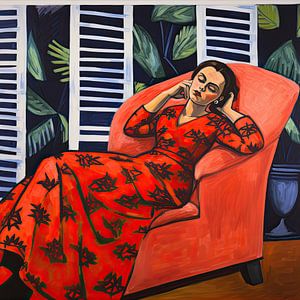 Resting woman in red chair, portrait painting by Vlindertuin Art