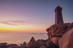 Ploumanach lighthouse at the pink granite coast in Brittany, France
