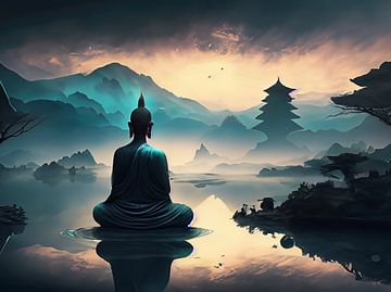 Meditative zen buddha sitting Meditateive zen buddha zit aan een meer in een mystiek landschapat a pond in a mystical landscape van Eye on You