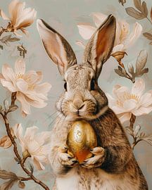 Osterhase mit goldenem Ei und Blüten