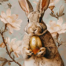 Osterhase mit goldenem Ei und Blüten von But First Framing