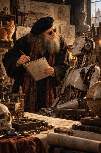 Leonardo da Vinci and Robot – Mysterious Genius in Sepia