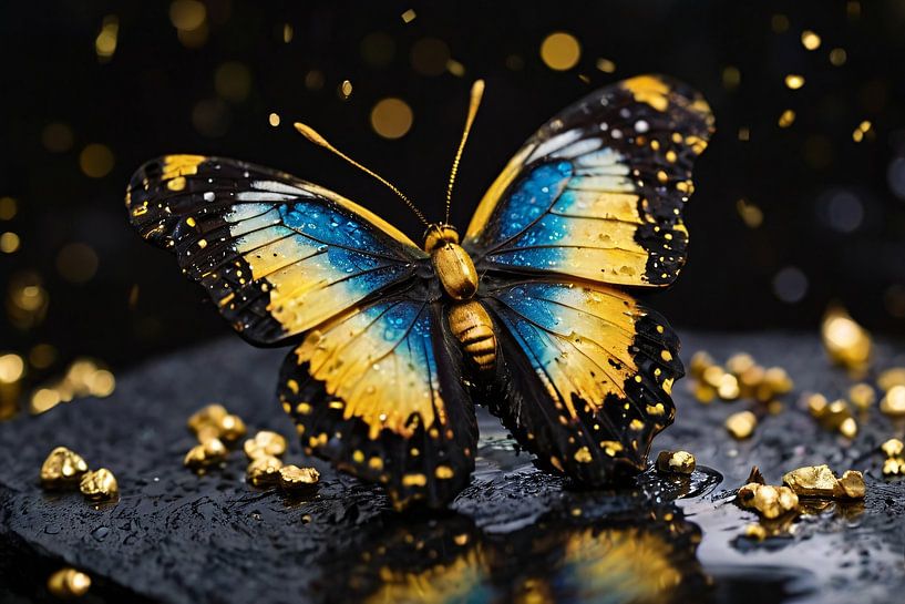 Papillon bleu doré sur pierre noire par Art & Soul Creations