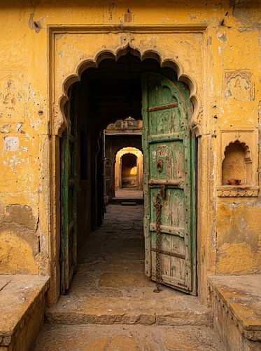Oude poort met groene deur en doorkijk