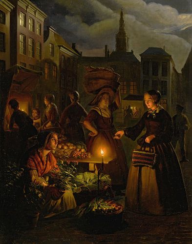 Een maanverlichte groentemarkt op de Grote Markt, Den Haag, Petrus van Schendel