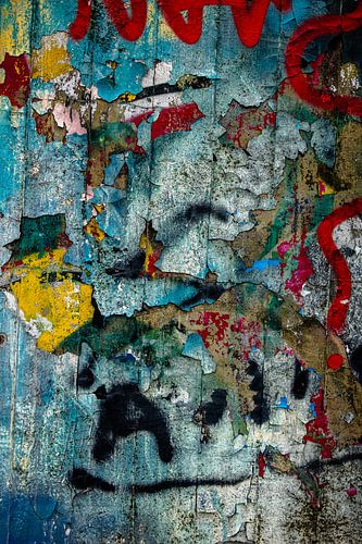 Blue Patina with Red Sweep – Abstract Peeling-Paint Wall Art