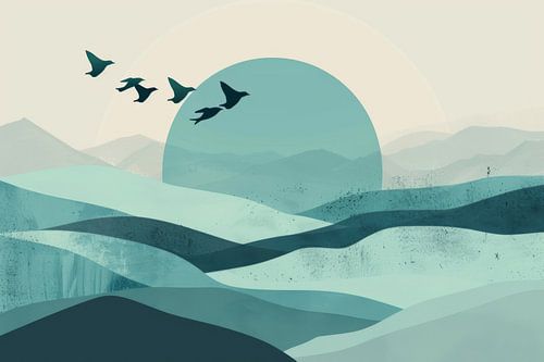 Blauwe zonsopgang met vogels - Minimalistische landschapskunst
