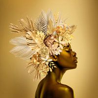 Bloemenportret Zwart & Goud op gouden achtergrond  - Vierkant-04