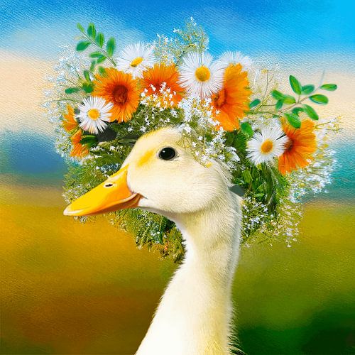 Cute Little Duck with a Flower Wreath – Cheerful art for a baby’s or child’s room