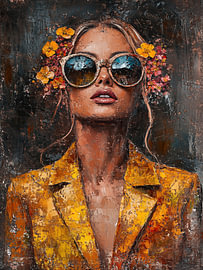 Golden Autumn – Moderne Kunst: Frauenporträt mit runder Sonnenbrille und ockergelber Jacke