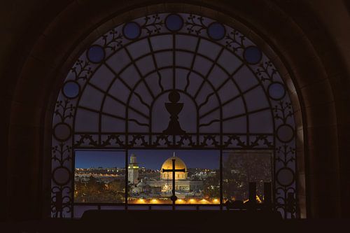 Al-Aqsa Moskee en Rotskoepel - Tempelberg Gefotografeerd vanuit Maria Magdelena Kerk, Jeruzalem