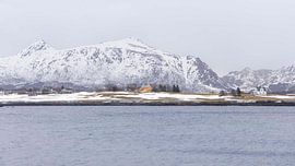 Schneebedeckte Gipfel ragen über einer ruhigen Küste in Leknes auf den Lofoten empor, N von PhotoCluster
