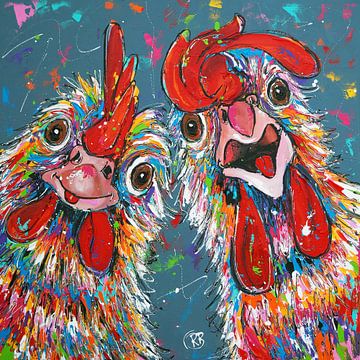 Kippen lol: Lachend Duo van Happy Paintings / Renata Rolefes