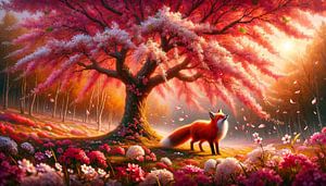 Fleur de cerisier féerique avec renard au soleil