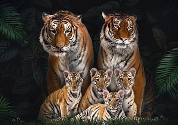 Tigerfamilie mit 4 Jungtieren von Bert Hooijer